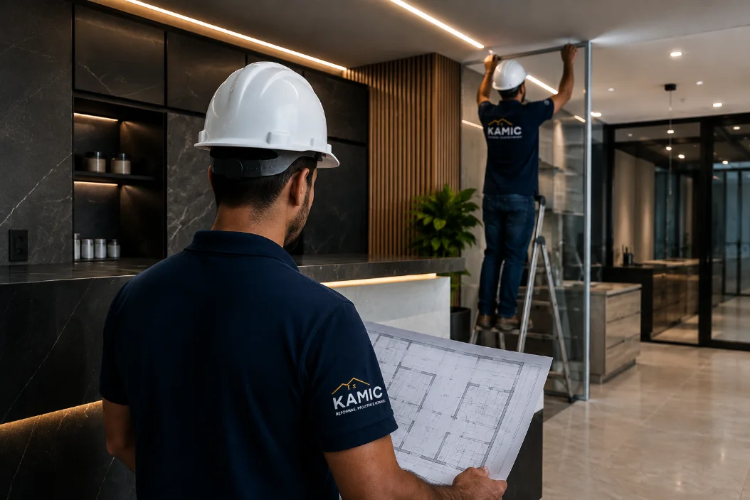 Equipe KAMIC analisando o projeto durante a execução de uma obra de alto padrão